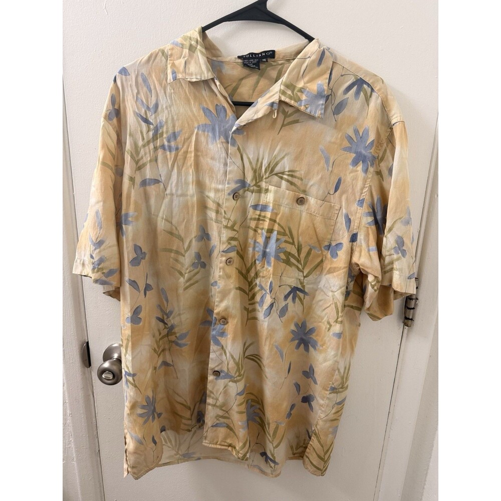 Tulliano Men's M 100% Silk Floral Hawaiian Shirt Beige Blue Green Short Sleeve